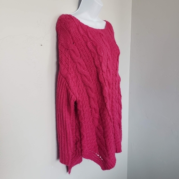 Pink Lily Small Oversized Cable Knit Sweater Wide Neck Magenta Fall Winter Cozy - Picture 2 of 7